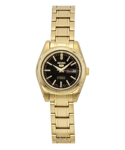 Seiko 5 Gold Tone Stainless Steel Black Dial 21 Jewels Automatic SYMK22K1 Womens Watch