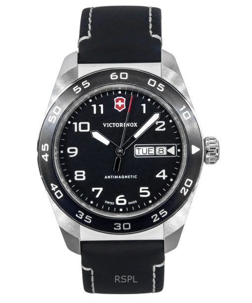Victorinox Swiss Army Leather Strap Black Dial Quartz 242041 100M Mens Watch