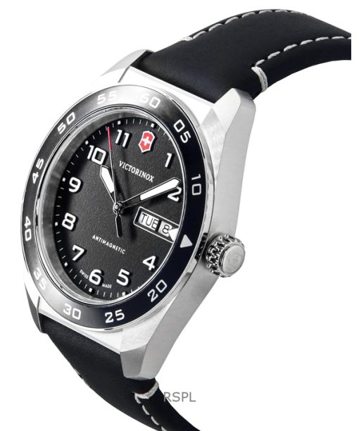 Victorinox Swiss Army Leather Strap Black Dial Quartz 242041 100M Mens Watch