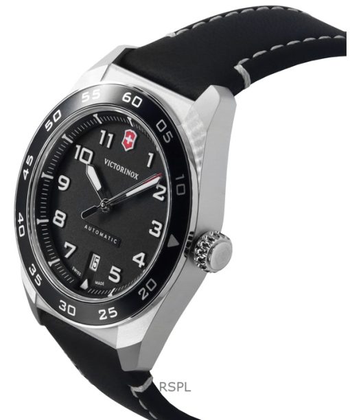 Victorinox Swiss Army Leather Strap Black Dial Automatic 242044 100M Mens Watch