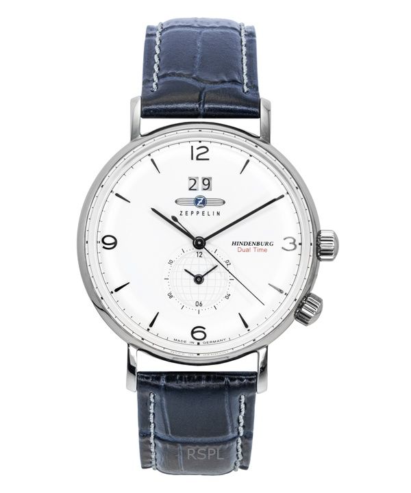 Zeppelin Hindenburg Blue Leather Strap White Dial Quartz 80441 Men's Watch