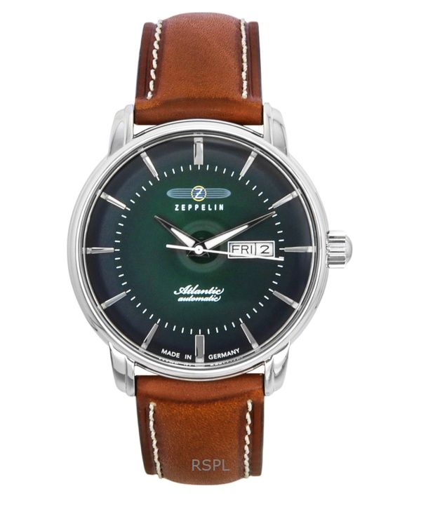 Zeppelin Atlantic Brown Leather Strap Green Dial Automatic 84664 Men's Watch